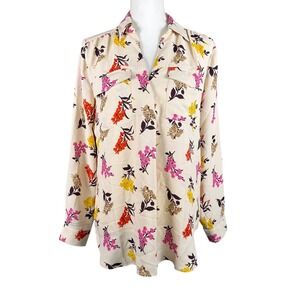 Ann Taylor Camp Shirt Women's Small Floral Long Sleeve Button Down Blouse Cream